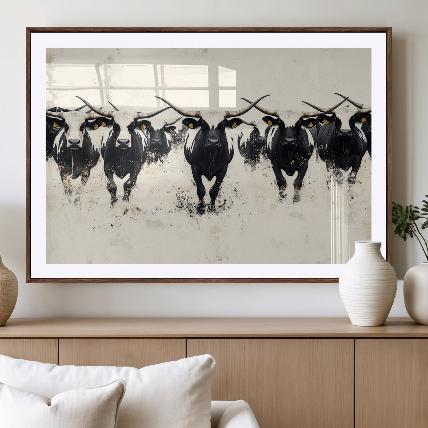 MGC-FP-36x24 - Longhorn Cattle Wall Art – Canvas Print of Herd in Motion, Symmetry and Ink Splatter, Minimalist Western Ranch, Bold Rustic Farm Decor