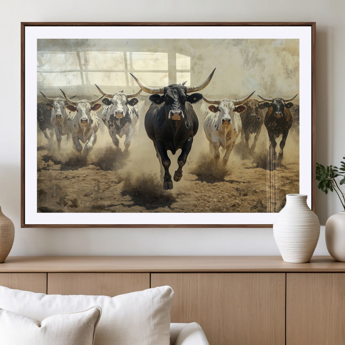Texas Longhorn Wall Art | Framed Charging Cattle Canvas
