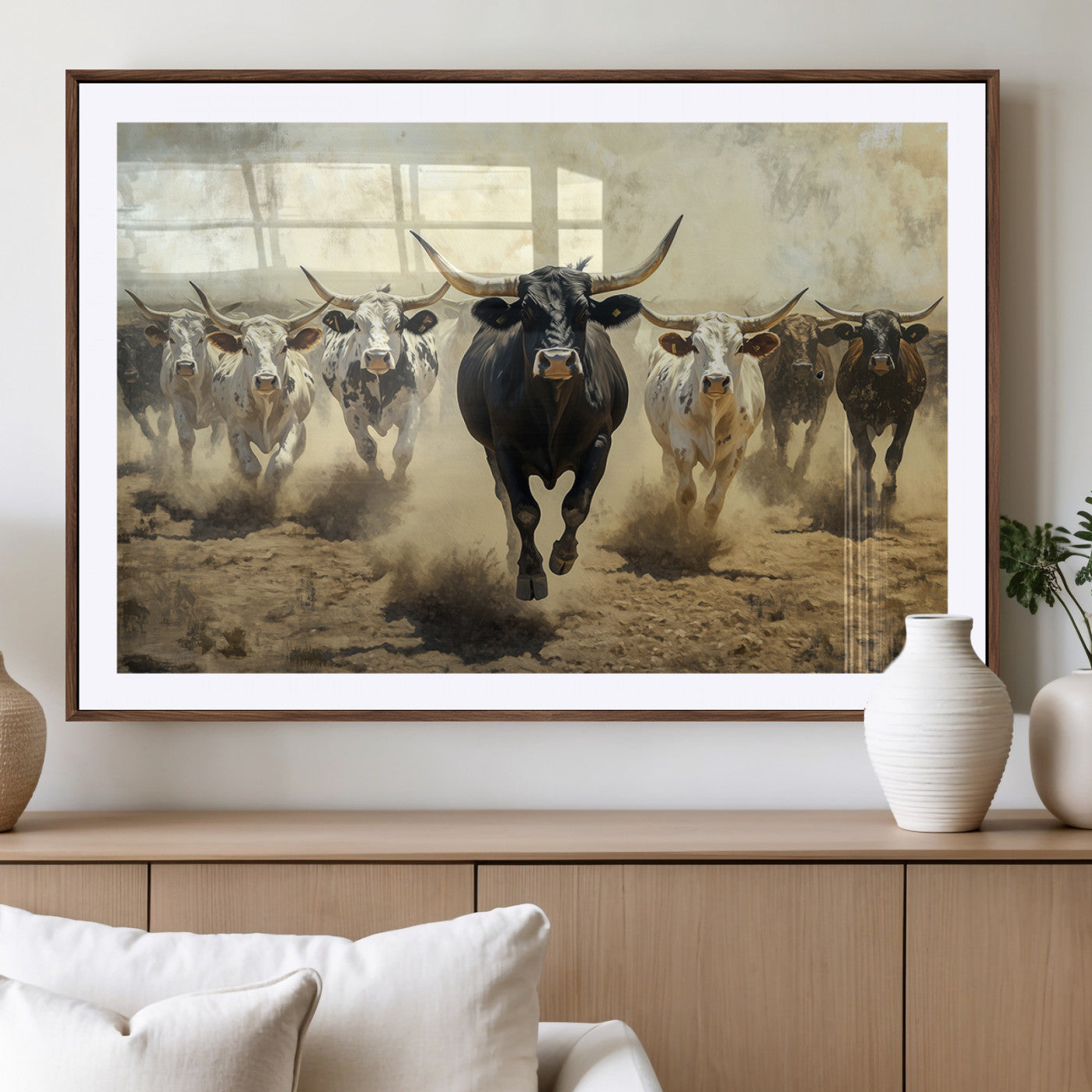 MGC-FP-36x24 - Running Cattle Wall Art – Canvas Print of Western Herd, Dust Stampede, Longhorns, Wild West Ranch, Bold Rustic Farm Decor for Home or Office