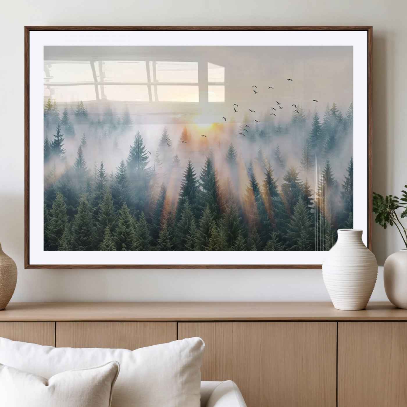 MGC-FP-36x24 - Misty Pine Forest Wall Art Canvas, Sunrise Over Foggy Trees Canvas for Home - Office, Framed