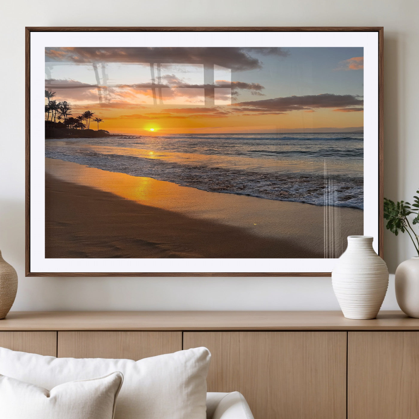 MGC-FP-36x24 - Sunset Glow Wall Art – Canvas Print of Ocean Breeze, Golden Sand, Tropical Palm Silhouettes, Tranquil Waves, Beach Nature Decor for Home
