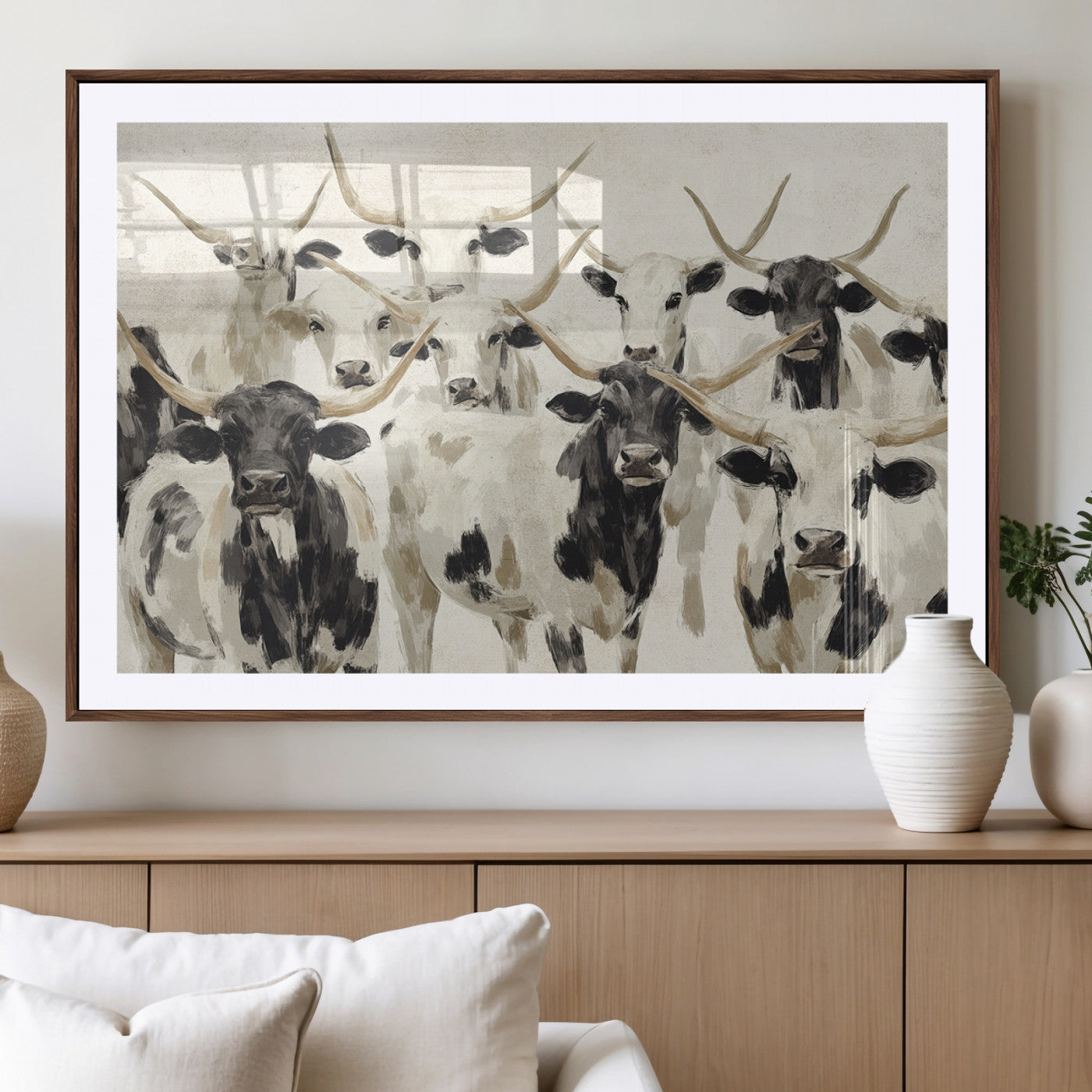 MGC-FP-36x24 - Longhorn Texas Cow Drawing Abstract Wall Art Canvas Print for Farmhouse Decor, Texas Bull Printing