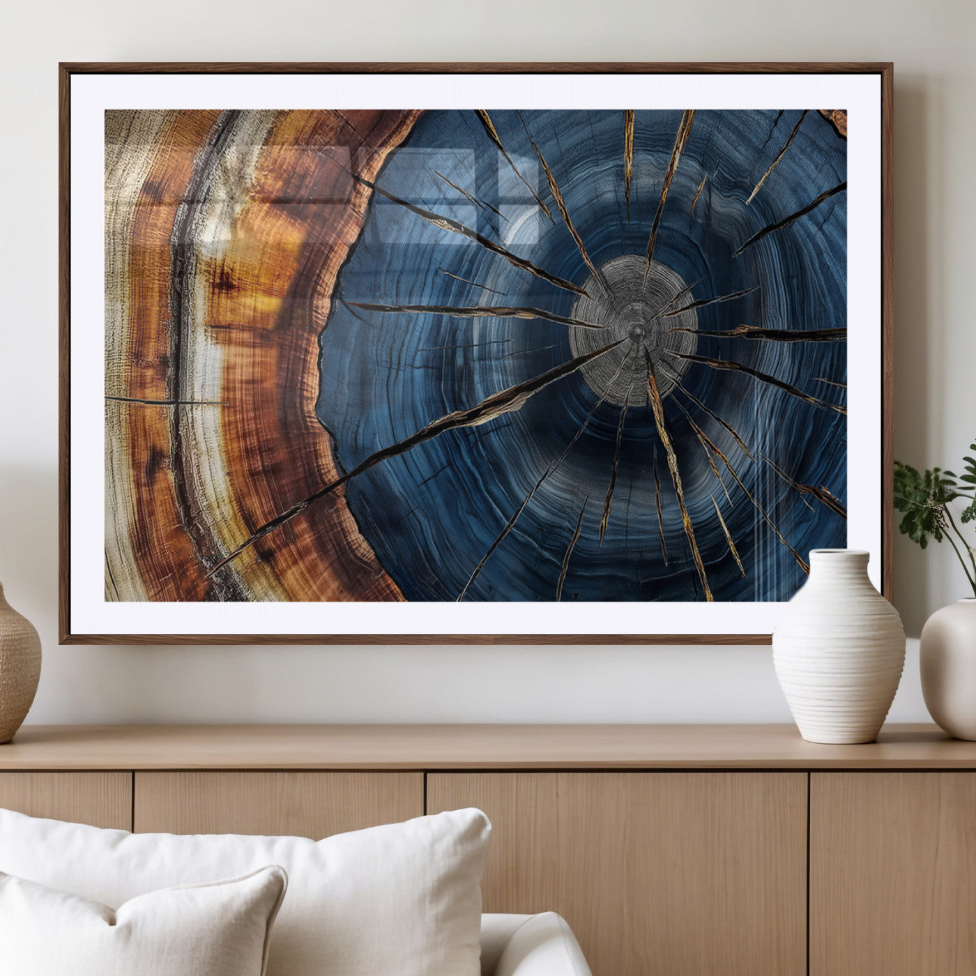 MGC-FP-36x24 - Framed Abstract Tree Ring Wall Art Print, Natural Rustic Wood Texture Canvas Print, Wood Tree Stump