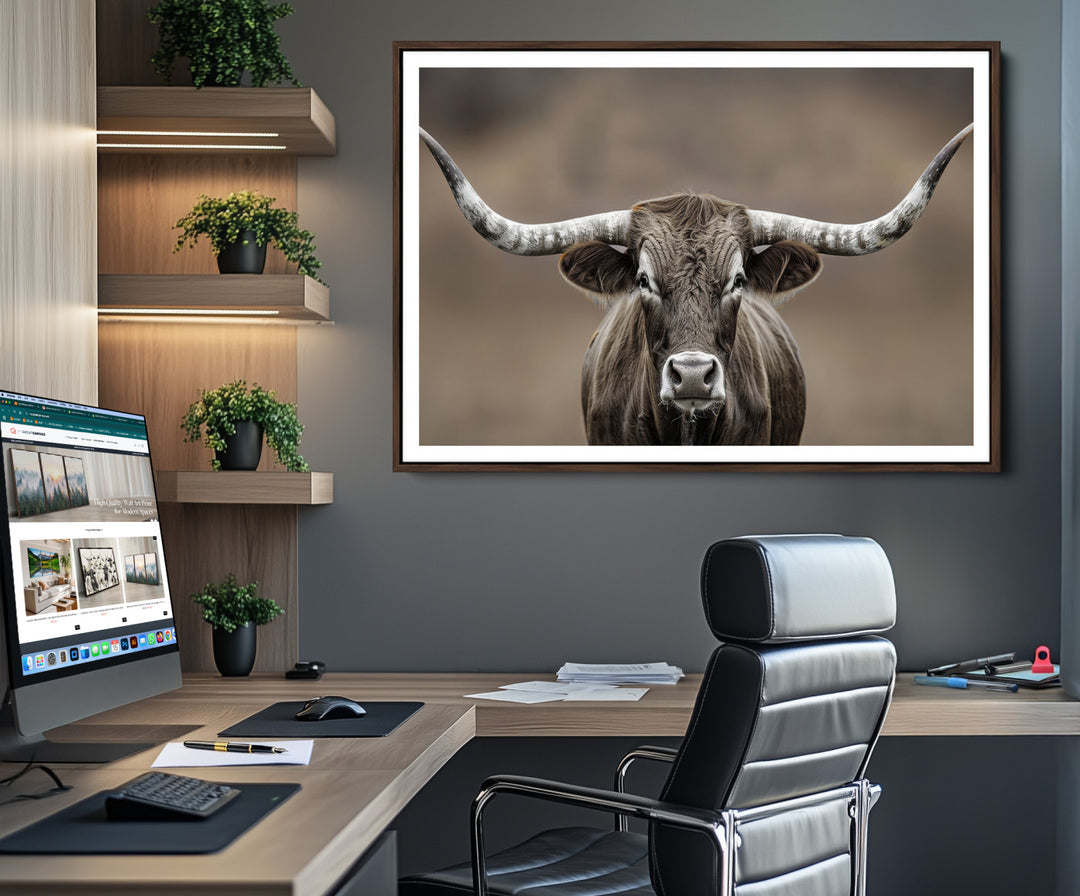 The Framed Texas Longhorn Bull Art Canvas Print adds timeless elegance to the serene setting.