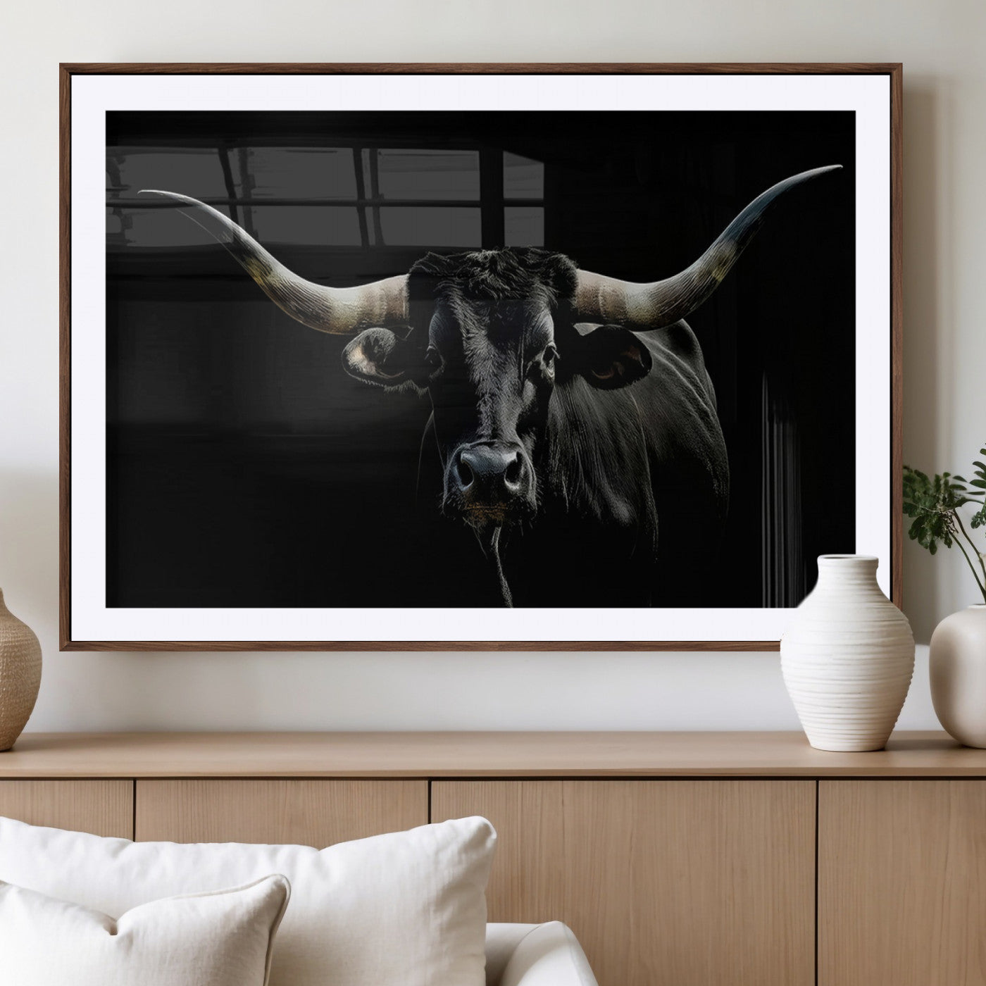 MGC-FP-36x24 - Texas Black Bull Wall Art Print, Longhorn Bull Canvas Wall Art