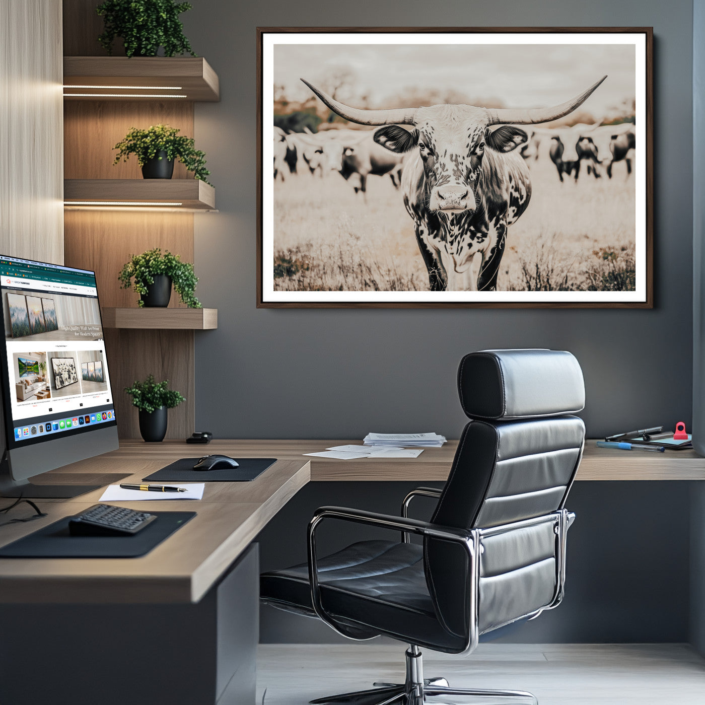 Texas Longhorn Wall Art Canvas Print, Framed Speckled Cow Art Picture Print, Horned Cattle Perfect Rustic Western Decor Artwork
