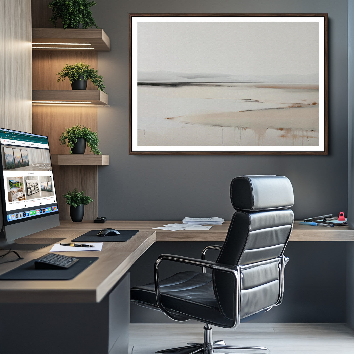 89410095-MGV-CV-36X24-Minimalist Landscape Wall Art Canvas Print, Framed Soft Horizon Art Picture Print, Abstract Seascape Perfect Minimalist Earthy Decor, Framed