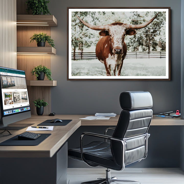 Texas Longhorn Wall Art Canvas Print, Framed Spotted Cow Art Picture Print, Horned Cattle Perfect Rustic Western Decor, Framed Horned Cattle Print