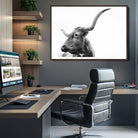 64392617-MGV-CV-36X24-Longhorn Wall Art Wall Art Canvas Print, Framed Modern Ranch Style Art Art Picture Print, Monochrome Cow Print Perfect Rustic Western Decor