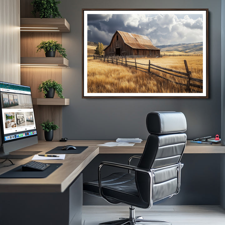 Rustic Barn Wall Art Canvas Print, Framed Moody Barn Art Picture Print, Golden Field Perfect Rustic Farmhouse Decor
