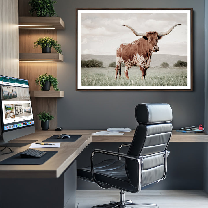 Texas Longhorn Wall Art Canvas Print, Framed Spotted Cattle Art Picture Print, Horned Bull Perfect Rustic Western Decor Artwork