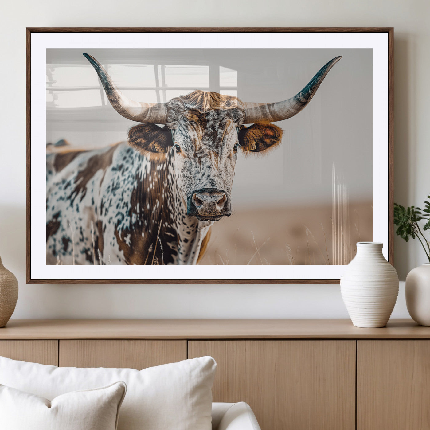 70414966-MGC-FP-36x24 - Majestic Longhorn Wall Art – Canvas Print of Strong Stance Intricate Fur & Sharp Horns Rustic Elegance & Timeless Wild Beauty Decor for Living Room, Office or Bedroom