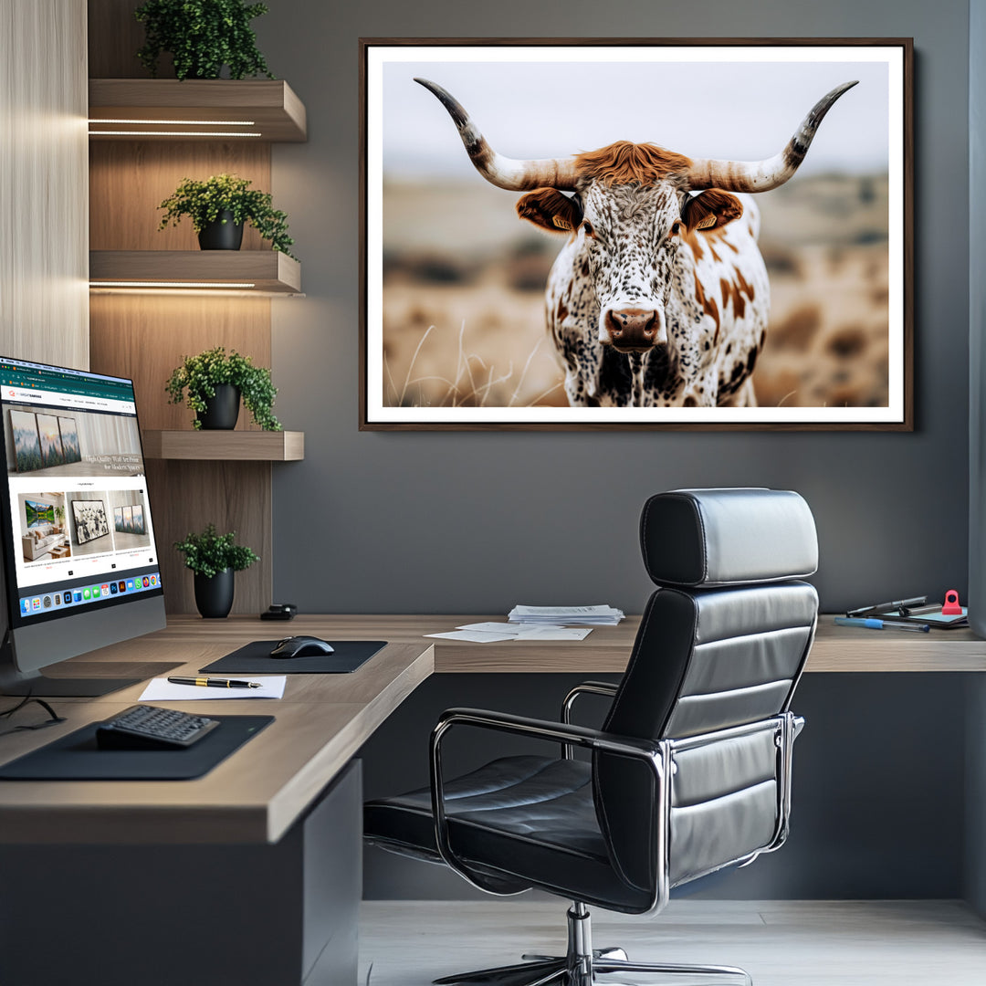 Texas Longhorn Wall Art Canvas Print, Framed Spotted Cow Art Picture Print, Horned Cattle Perfect Rustic Western Decor Artwork