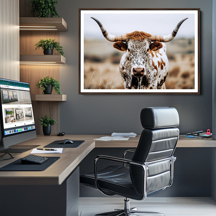 Texas Longhorn Wall Art Canvas Print, Framed Spotted Cow Art Picture Print, Horned Cattle Perfect Rustic Western Decor Artwork