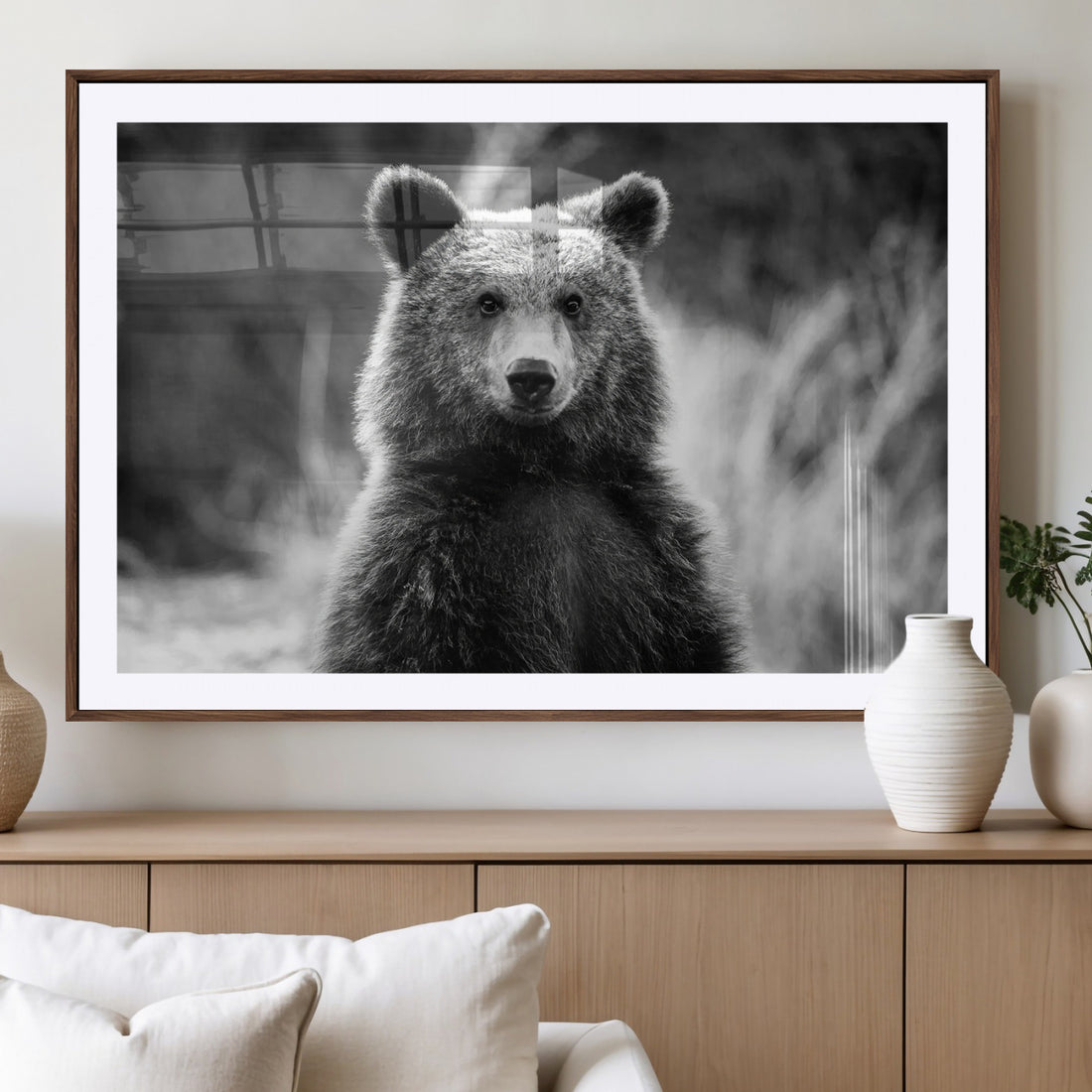 Grizzly Bear Wall Art Canvas Print, Framed Black and White Rustic Wildlife Decor