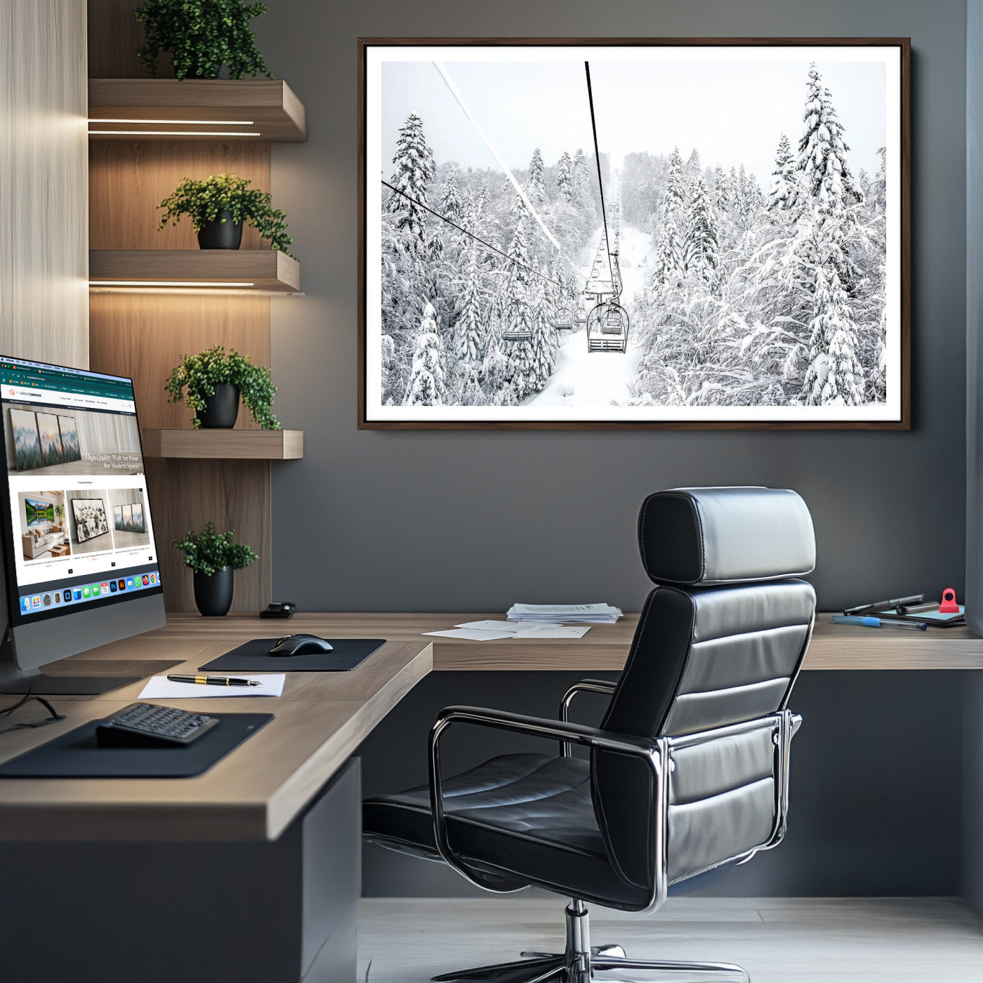 Snowy Mountains Wall Art Canvas Print, Framed Ski Lift Art Picture Print, Winter Forest Perfect Winter Minimalist Decor, Ski Lift Canvas