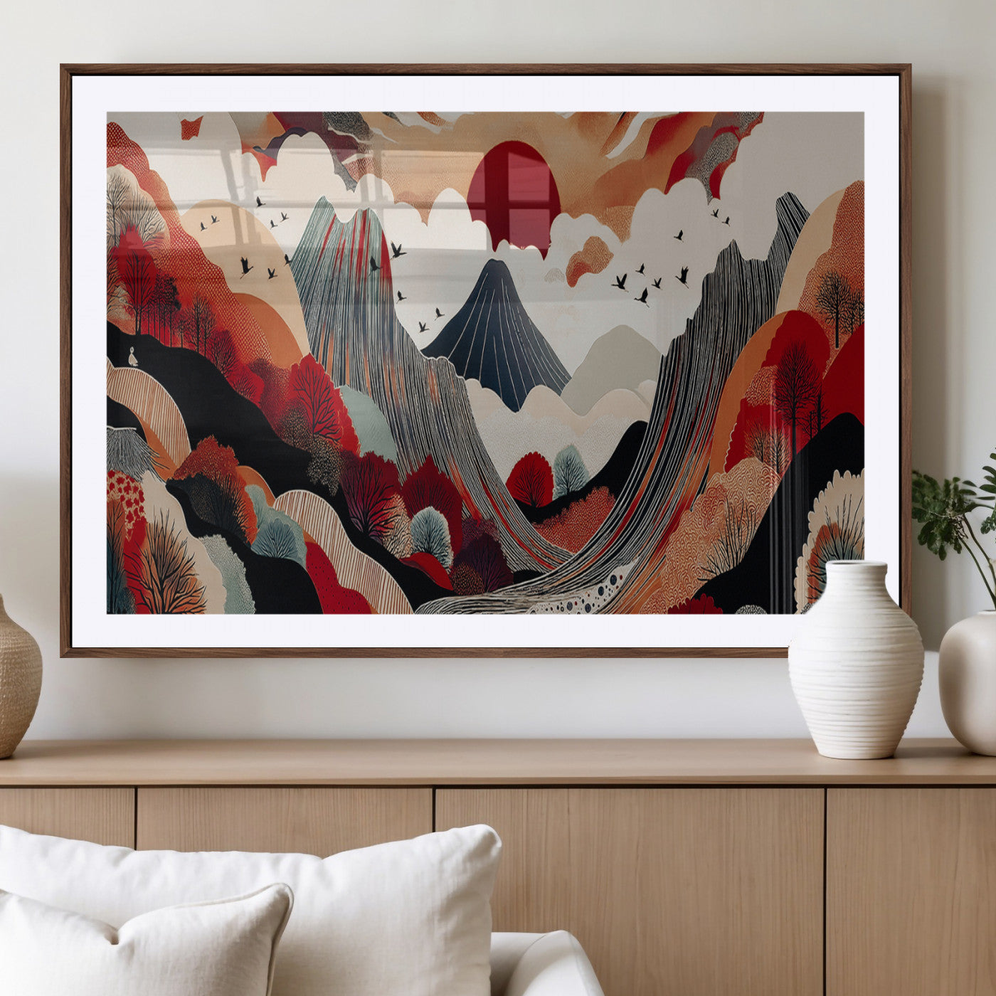 MGC-FP-36x24 - Abstract Mountain Wall Art Canvas Print, Framed Vibrant Landscape Art Picture Print, Stylized Nature Drawing Perfect Contemporary Minimalist Decor Artwork