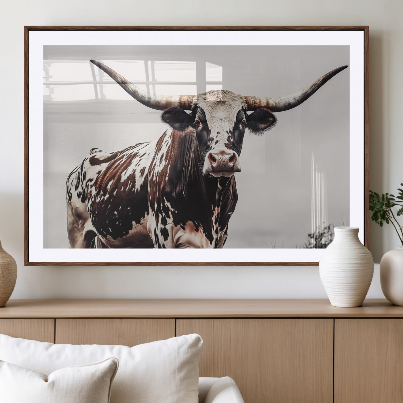 Close-up of a Texas Longhorn bull with powerful horns, perfect for rustic farmhouse or country-themed home decor. Ideal for animal lovers.