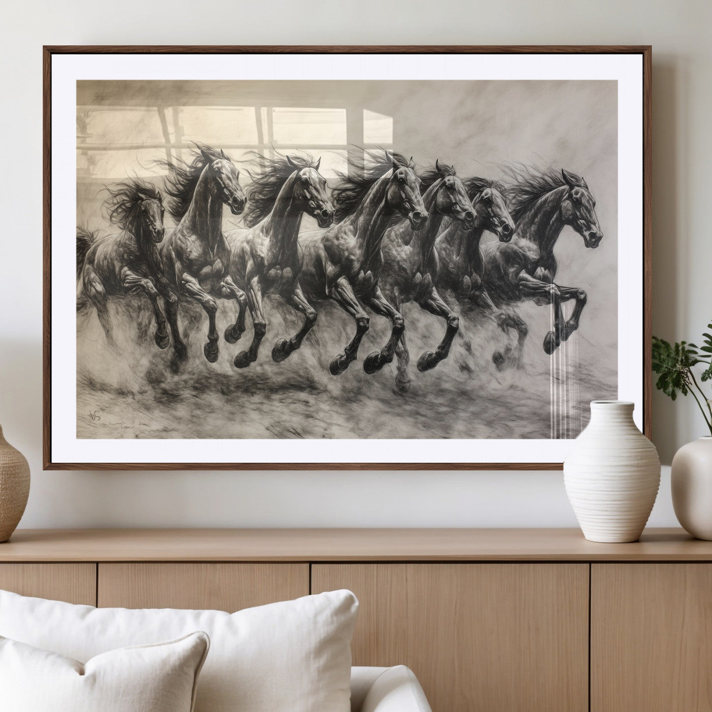Monochrome drawing of a herd of galloping horses, perfect for dynamic and wild-themed decor in any equestrian or nature-inspired room.