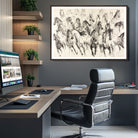 Running Horses Wall Art Canvas Print, Framed Horse Sketch Art Picture Print, Galloping Herd Perfect Monochrome Western Decor