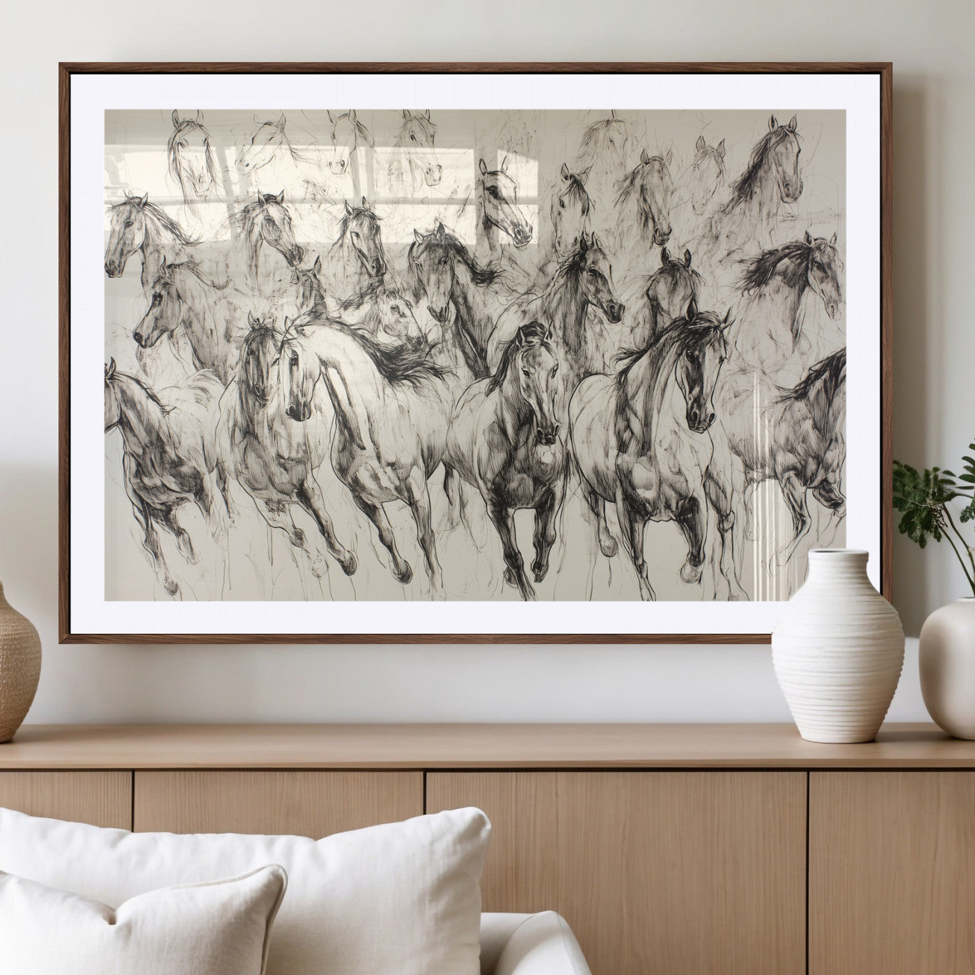 Monochrome ink sketch of galloping horses in dynamic motion, perfect for western or equine-themed wall decor with bold artistic energy.