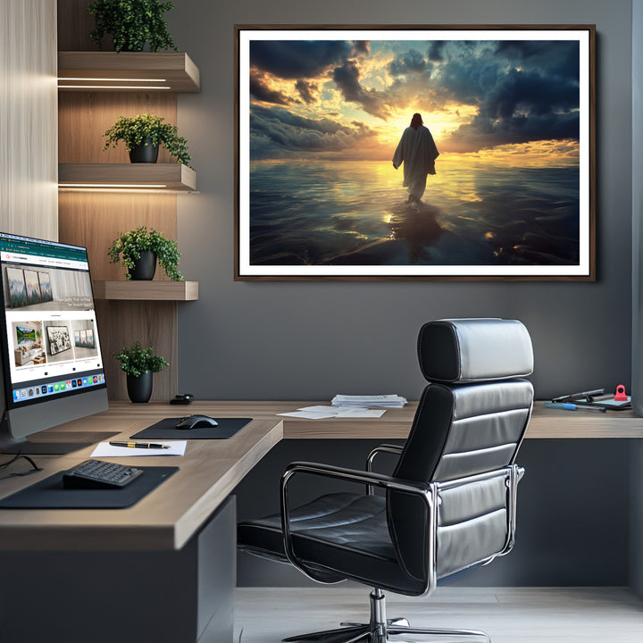 Jesus Walks Wall Art Canvas Print, Framed Divine Sunset Art Picture Print, Spiritual Light Perfect Spiritual Tranquil Decor Artwork