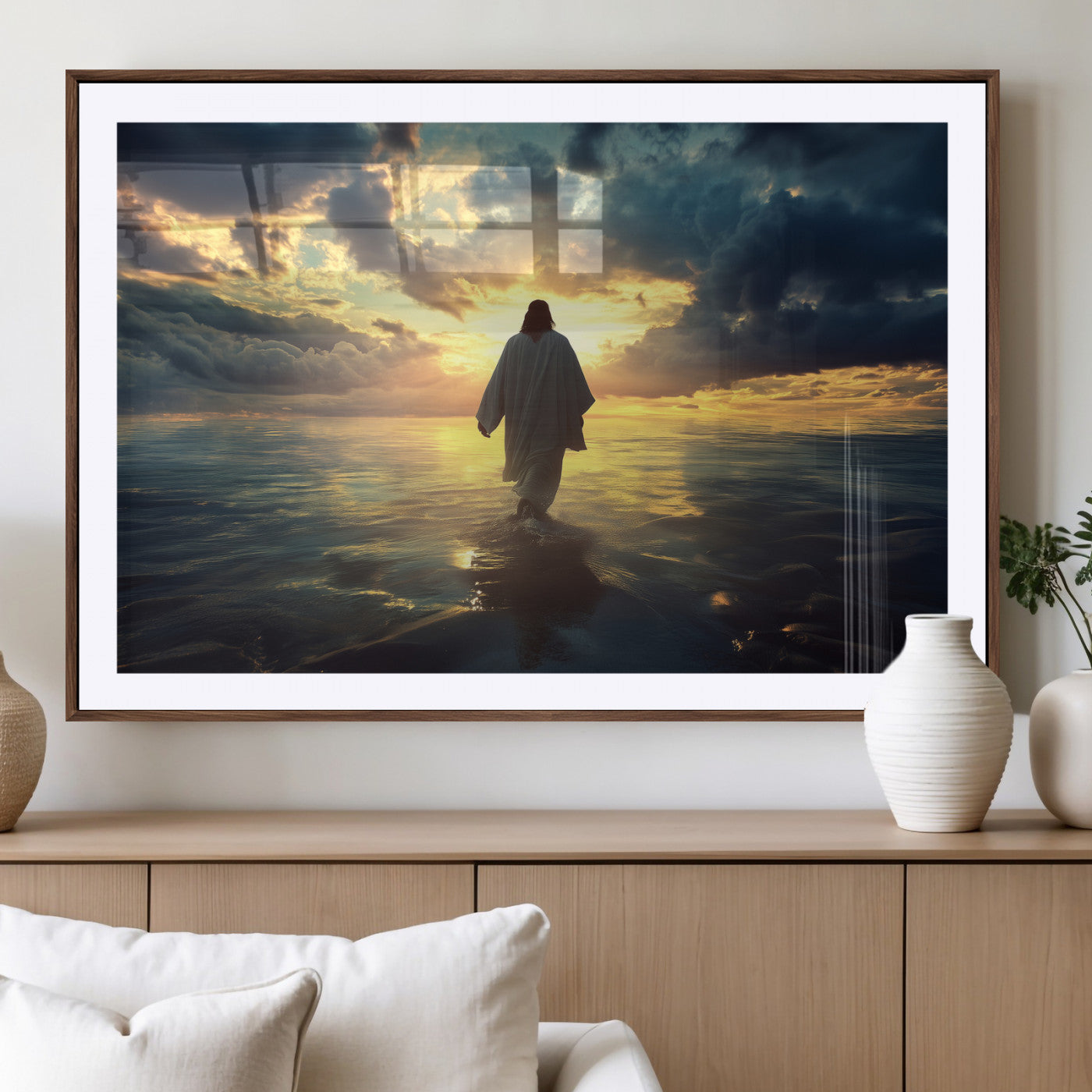 Spiritual artwork of Jesus walking on water at golden hour with divine light, ideal for Christian home decor or prayer room.