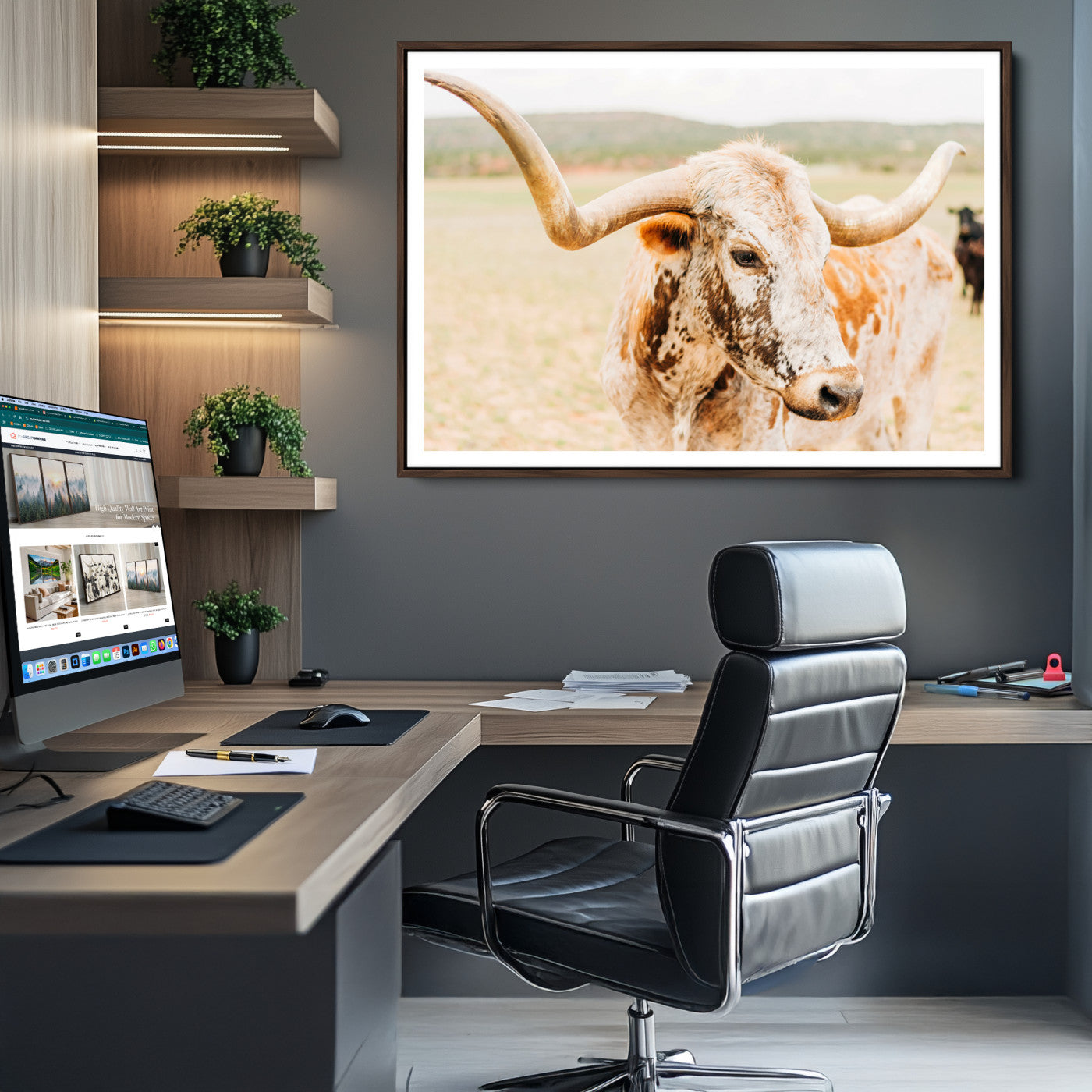 Texas Longhorn Wall Art Canvas Print, Framed Speckled Cow Art Picture Print, Rustic Bull Perfect Rustic Western Decor, Framed Speckled Cow
