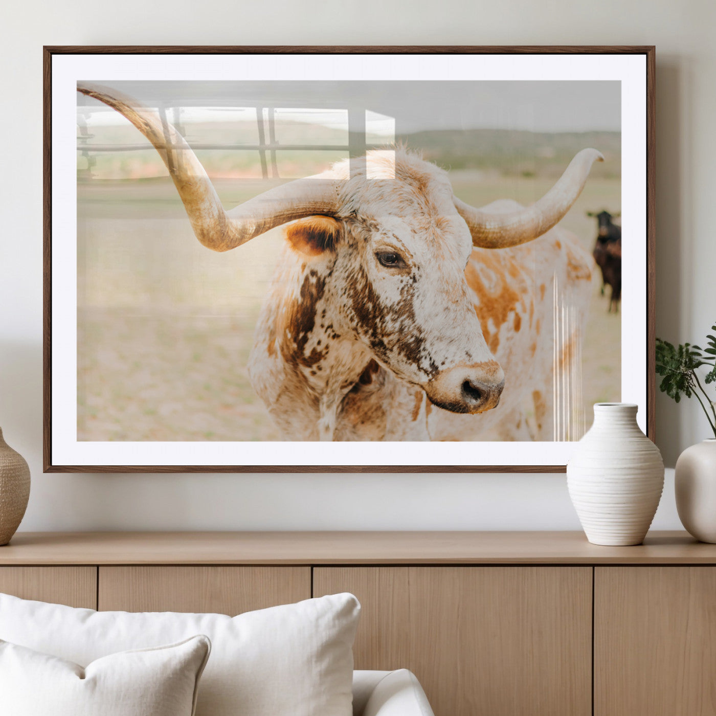 Close-up of a speckled Texas Longhorn in warm prairie tones, perfect for rustic western or countryside-themed room decor.