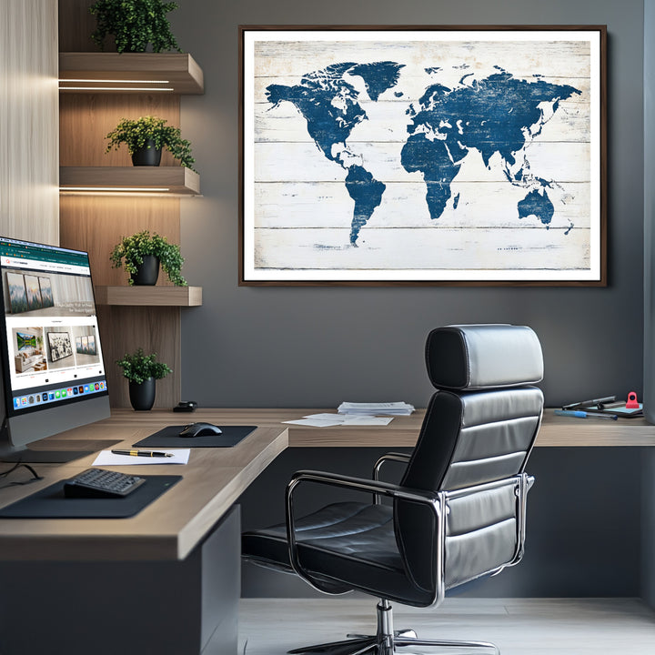 World Map Wall Art Canvas Print, Framed Rustic Atlas Art Picture Print, Wooden Map Perfect Vintage Decor Artwork