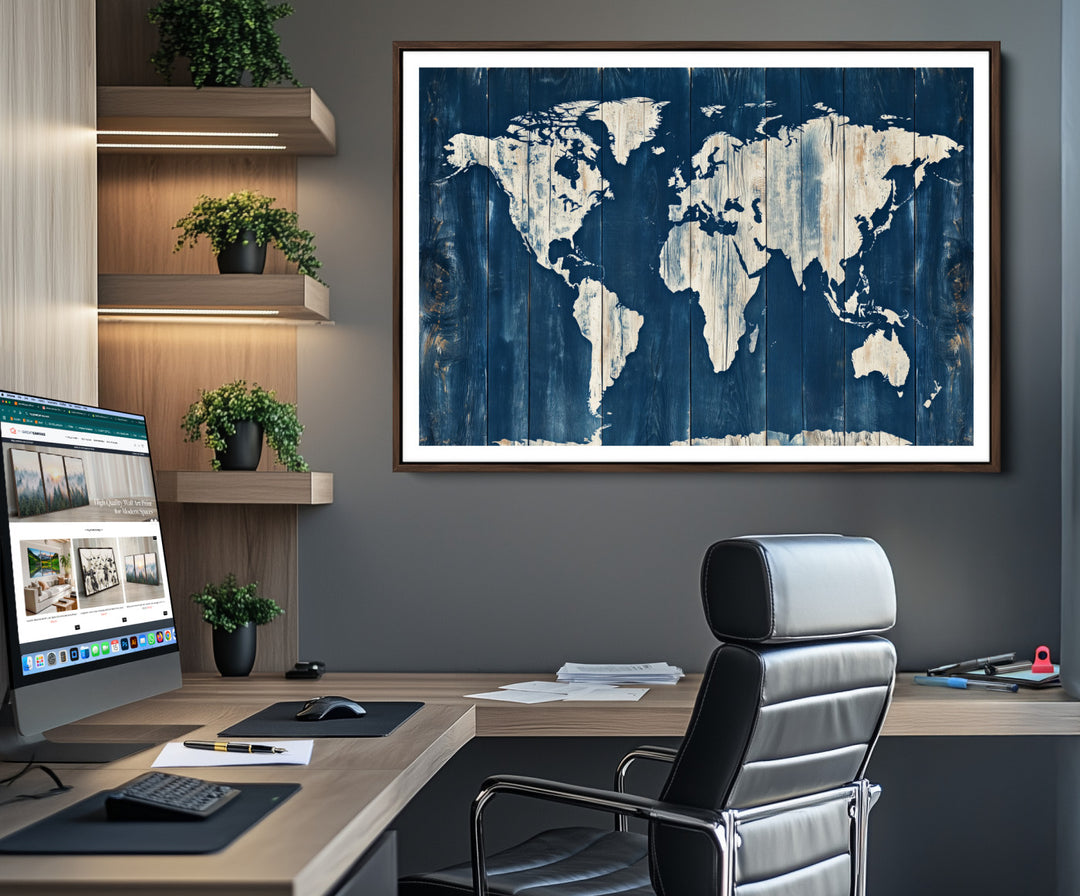 World Map Wall Art Canvas Print, Rustic Map Print, Framed Wooden World Map Art Print, Large Antique Map Decor Printing Perfect for Vintage Decor