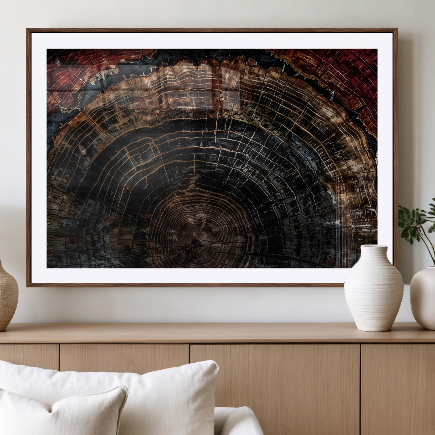 MGC-FP-36x24 - Dark Wood Ring Wall Art Canvas Print, Framed Abstract Wood Tree Art Picture Print, Rustic Tree Slice Perfect Rustic Decor Artwork