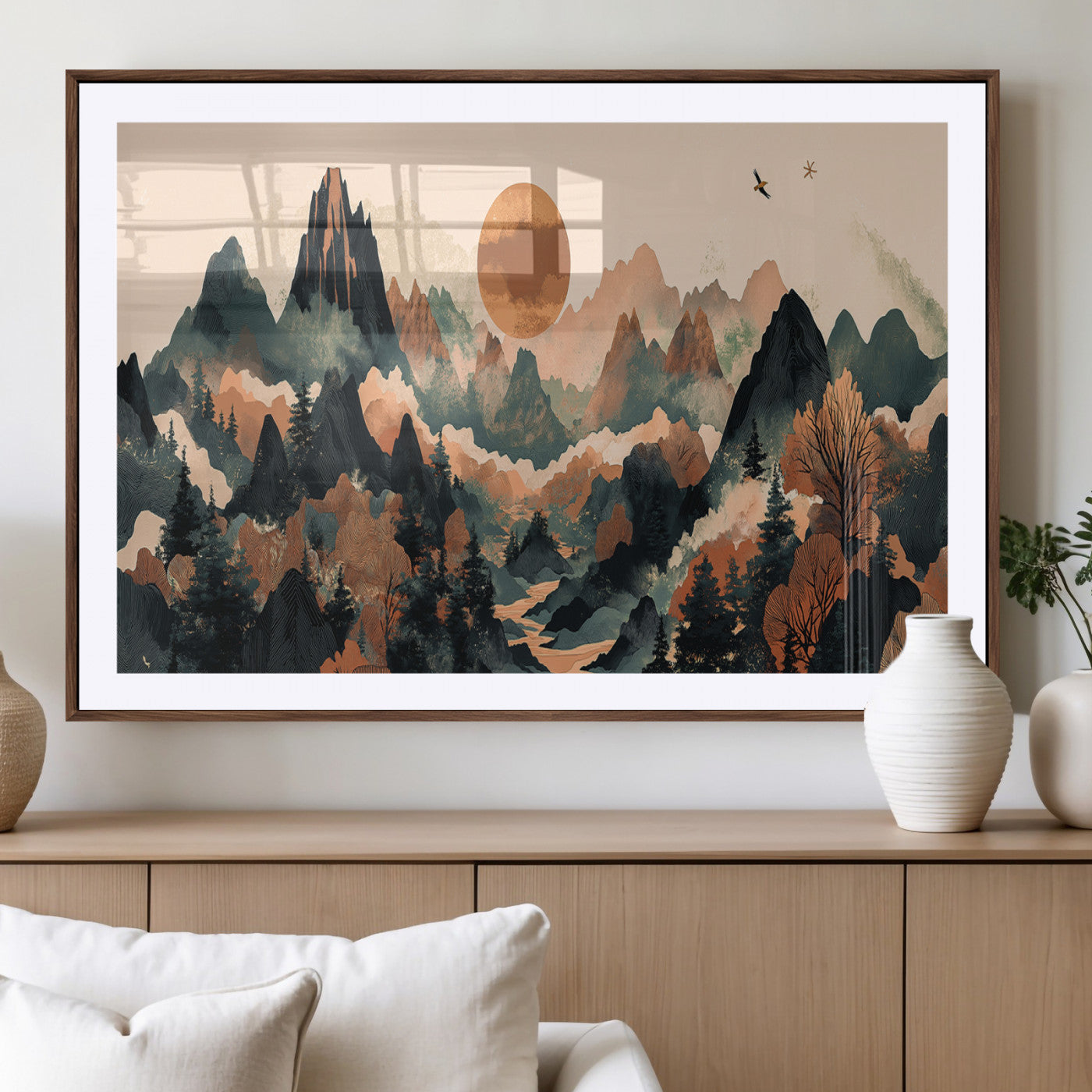 MGC-FP-36x24 - Wood Mountain Landscape Wall Art Canvas Print, Framed Sunset Hills Art Picture Print, Abstract Nature Perfect Boho Decor Artwork