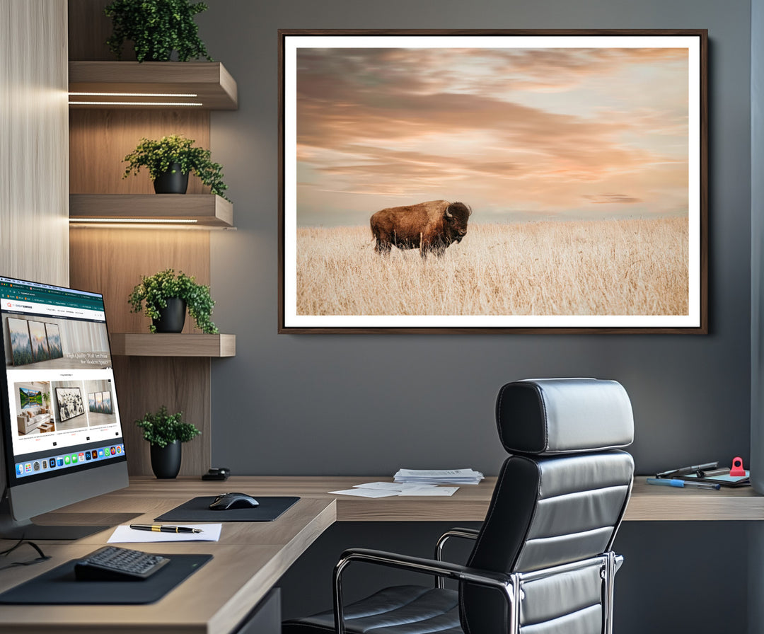 Bison Wall Art Canvas Print, Buffalo Print, Framed Western Prairie Art Print, Large Rustic Wildlife Printing Perfect for Rustic Decor