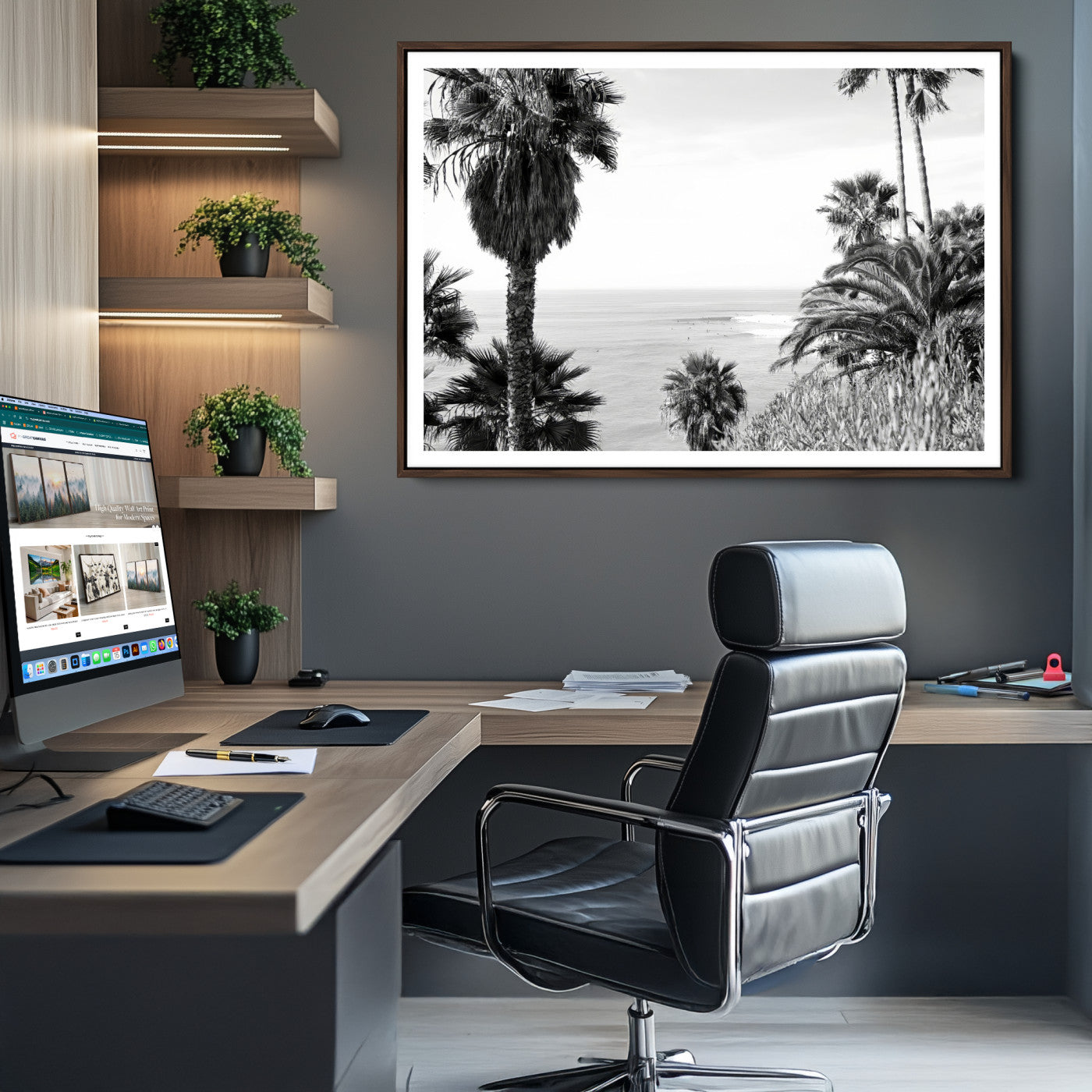 89458520-MGV-CV-36X24-Palm Trees Wall Art Canvas Print, Framed Coastal Art Picture Print, Ocean Horizon Perfect Monochrome Coast Decor