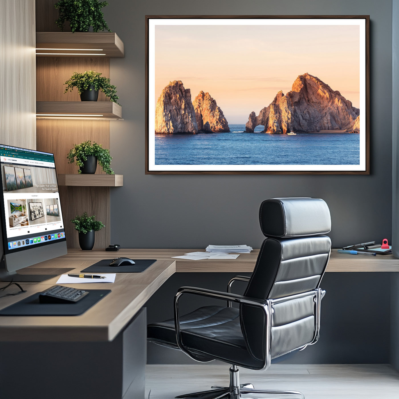72996116-MGV-CV-36X24-El Arco Wall Art Canvas Print, Framed Cabo Rocks Art Picture Print, Ocean Arch Perfect Golden Coastal Landmark Decor, The Arch Canvas Print