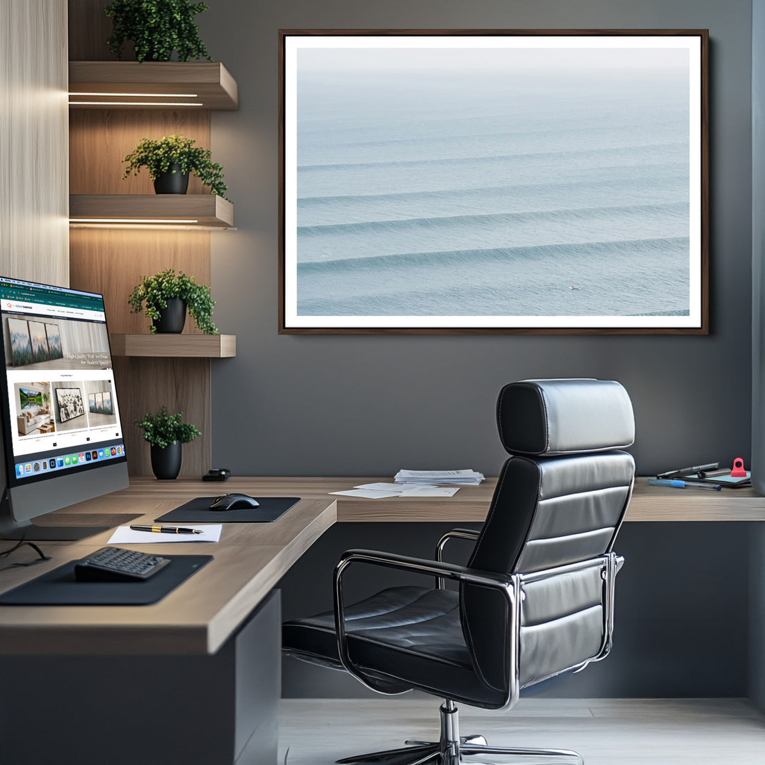 Ocean Waves Wall Art Canvas Print, Framed Solo Surfer Wave Lines Minimalist Art