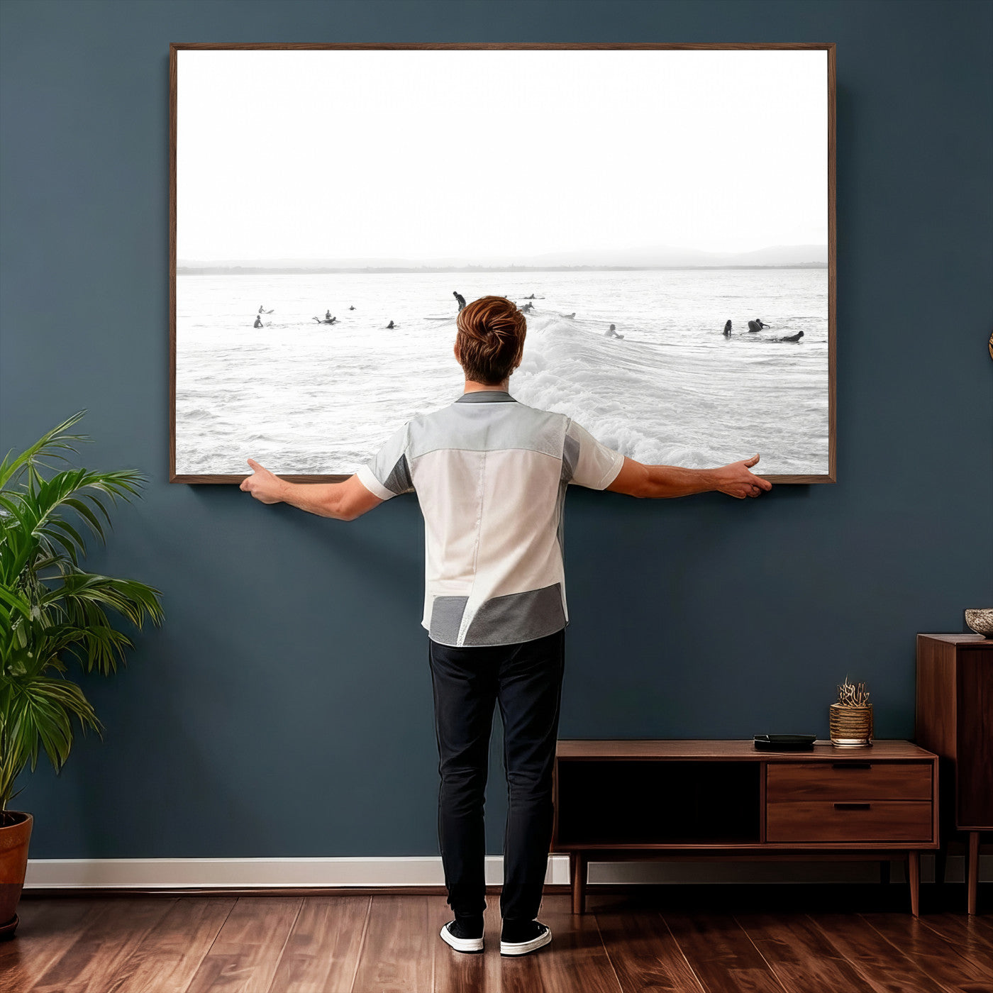33449548-MGV-CV-36X24 - Surf Crowd Motion Wall Art – Active Surfers & Ocean Waves Canvas Print, Dynamic Water and Coastal Horizon for Living Room or Sea Adventure Decor