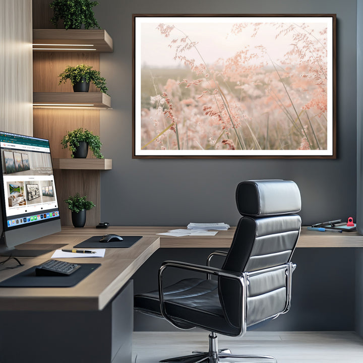 Pastel Grasses Wall Art Canvas Print, Soft Meadow Print, Framed Field in Breeze Art Print, Large Pink Meadow Printing Soft Pastel