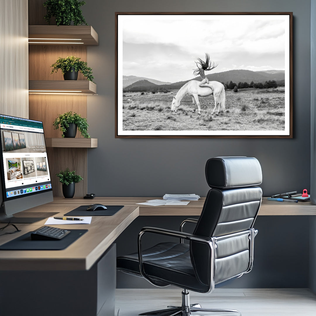 White Horse Wall Art Canvas Print, Woman Rider Print, Framed Equestrian Pose Art Print, Large Grazing Horse Printing Western Boho