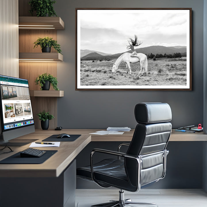White Horse Wall Art Canvas Print, Woman Rider Print, Framed Equestrian Pose Art Print, Large Grazing Horse Printing Western Boho
