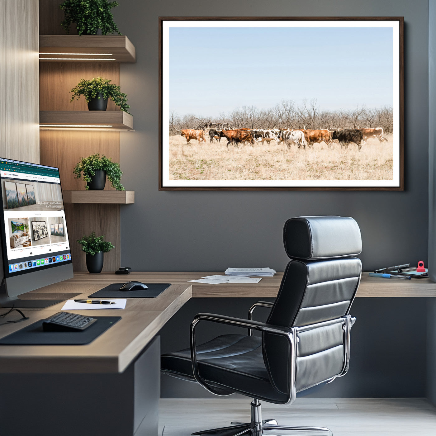 Texas Longhorns Wall Art Canvas Print, Western Cattles Print Wall Art, Framed Rustic Herd Art Print, Large Country Cows Printing Rustic