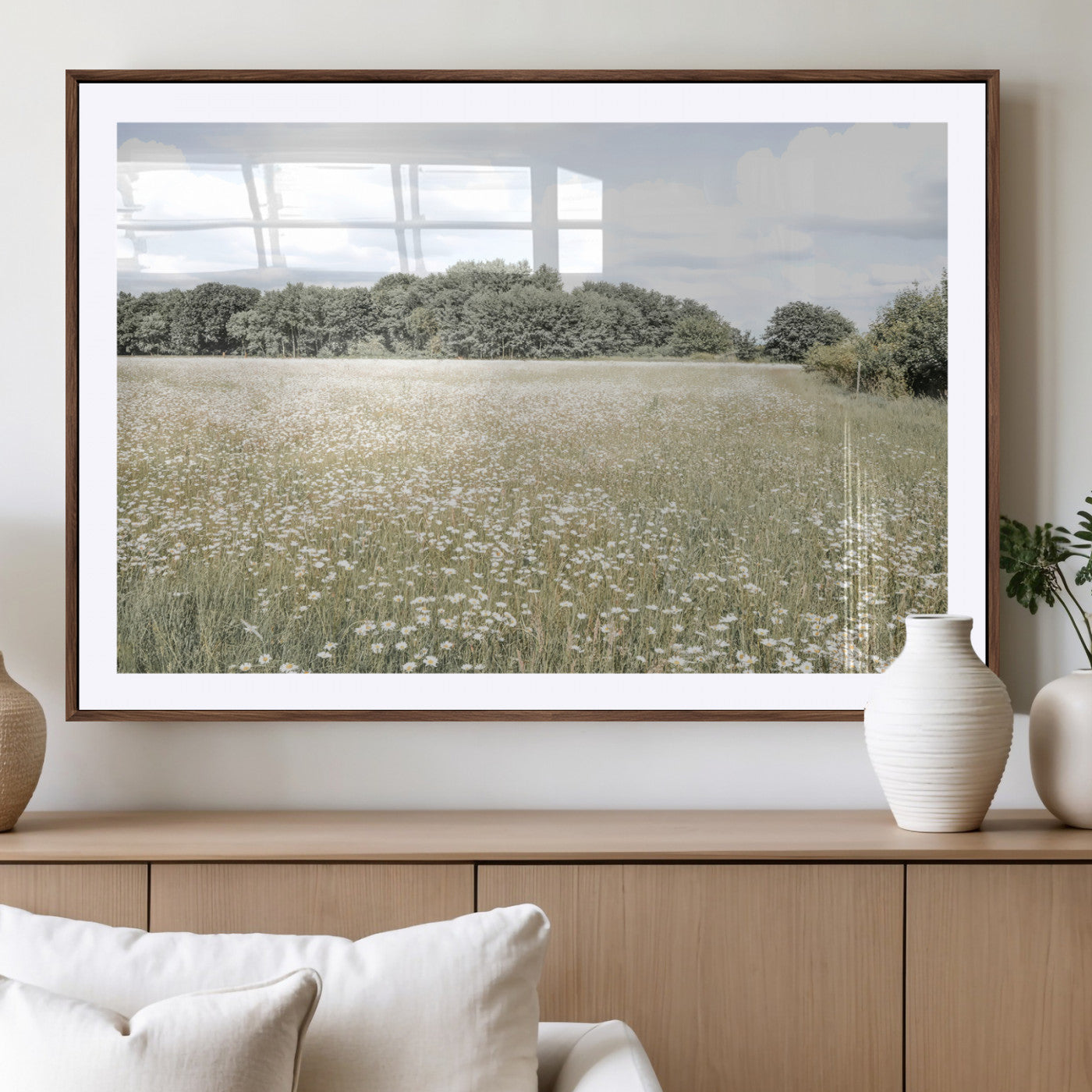 MGC-FP-36x24 - Charming Daisy Field Wall Art Canvas Print, Framed Pastel Flower Art Picture Print, Meadow Bloom Perfect Scandinavian Minimalist Decor Artwork