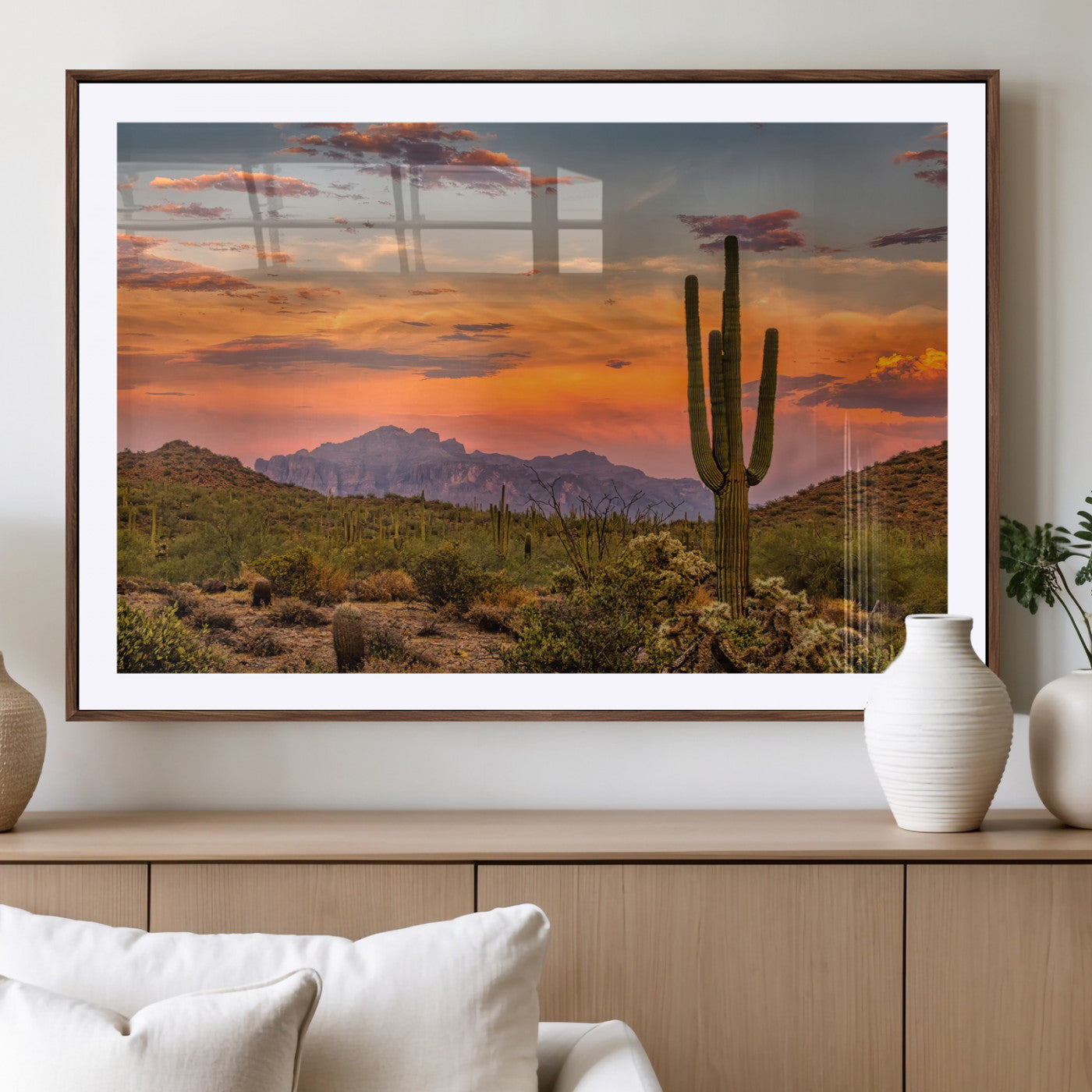 MGC-FP-36x24 - Saguaro Cactus Wall Art Canvas Print, Framed Arizona Sunset Art Picture Print, Sonoran Desert Perfect Southwestern Boho Decor Artwork