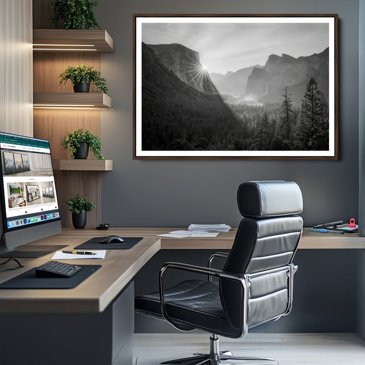 Yosemite Valley Wall Art Canvas Print, Framed El Capitan Sunrise Print, Framed Misty Mountain Art Print, Large Monochrome Valley Printing