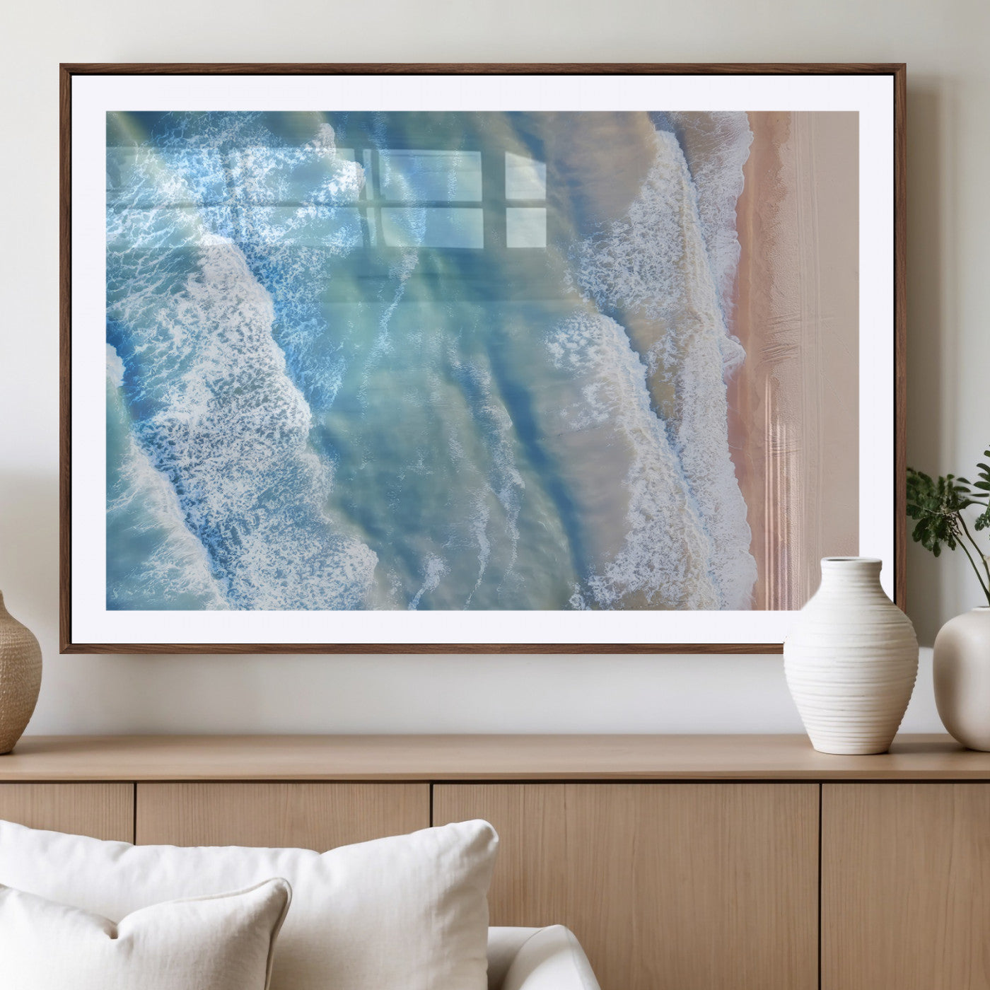 MGC-FP-36x24 - Aerial Ocean View Wall Art Canvas Print, Framed Soft Blue Waves Art Picture Print, Sandy Shoreline Perfect Modern Coastal Decor Artwork