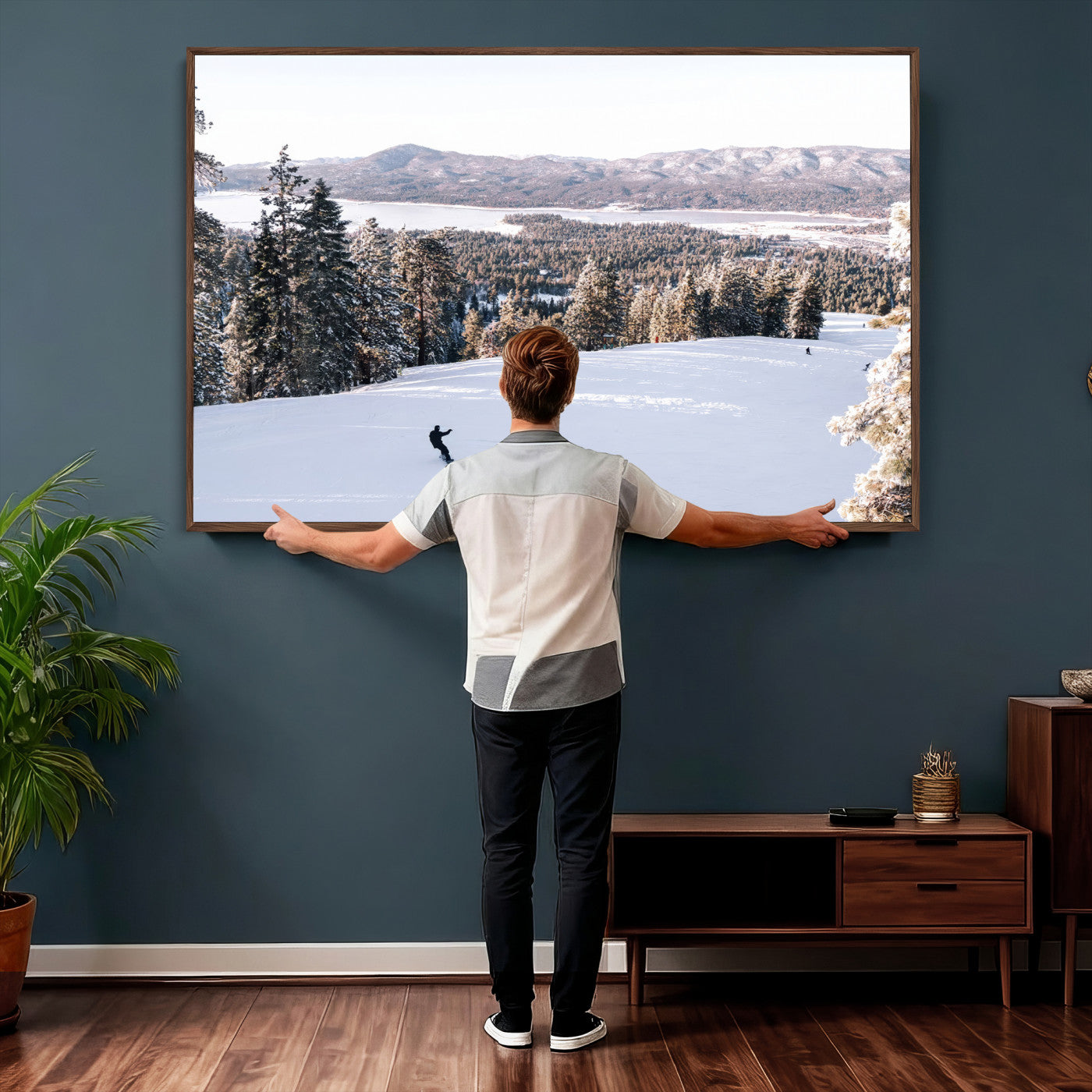 79857868-MGV-CV-36X24 - Snowboarder Wall Art – Winter Slope Canvas Print, Pine Forest, Snow-Covered Mountains, Outdoor Adventure for Living Room or Cabin Decor