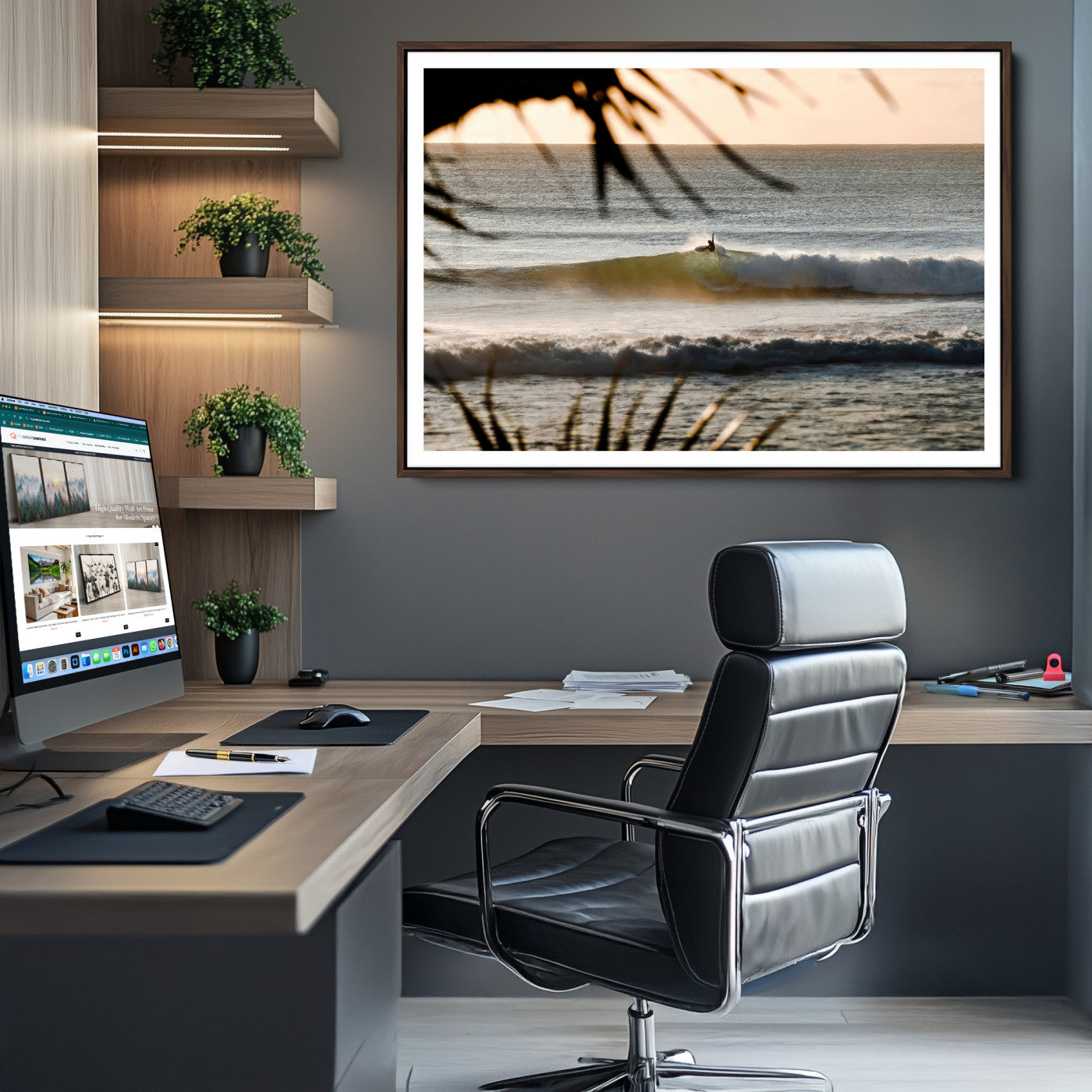 Sunset Surf Wall Art Canvas Print, Framed Golden Hour Art Picture Print, Waves Perfect Boho Decor, Framed Sunset Surf Canvas