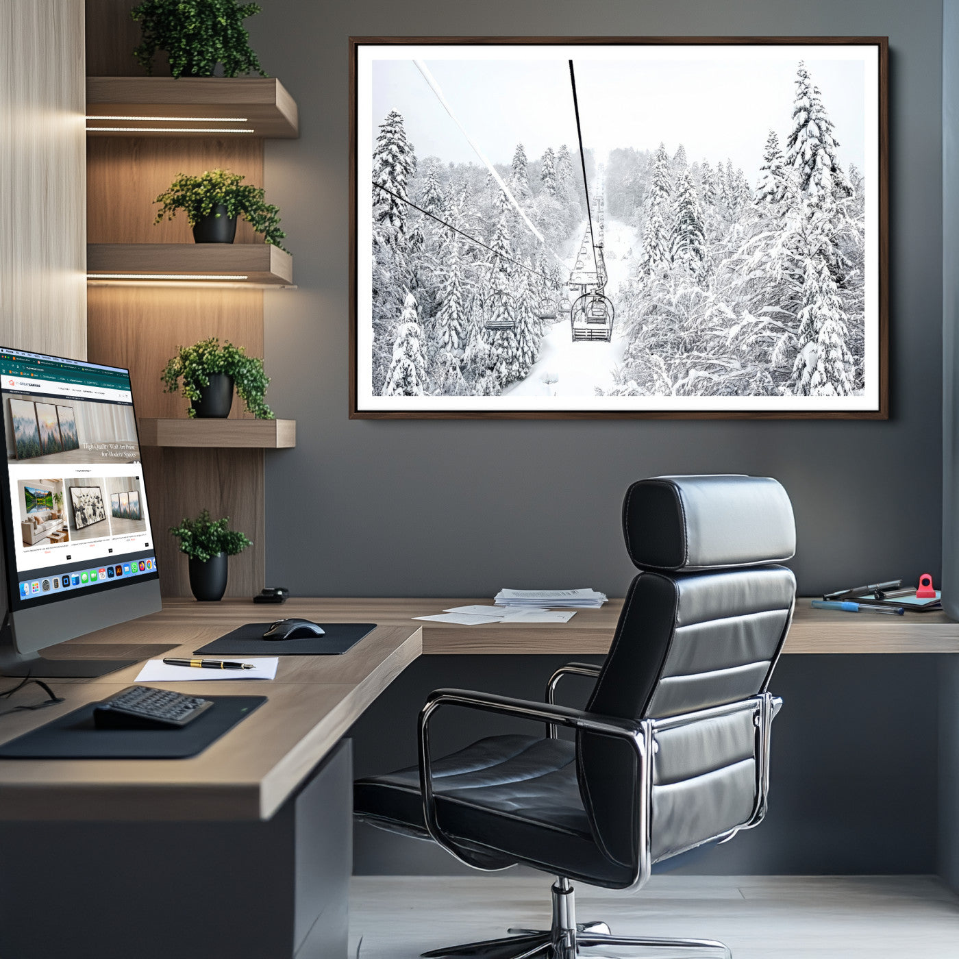 Winter Forest Wall Art Canvas Print, Framed Snowy Forest Art Picture Print, Winter Ski Lift Perfect Scandinavian Minimalist 3/3 Decor