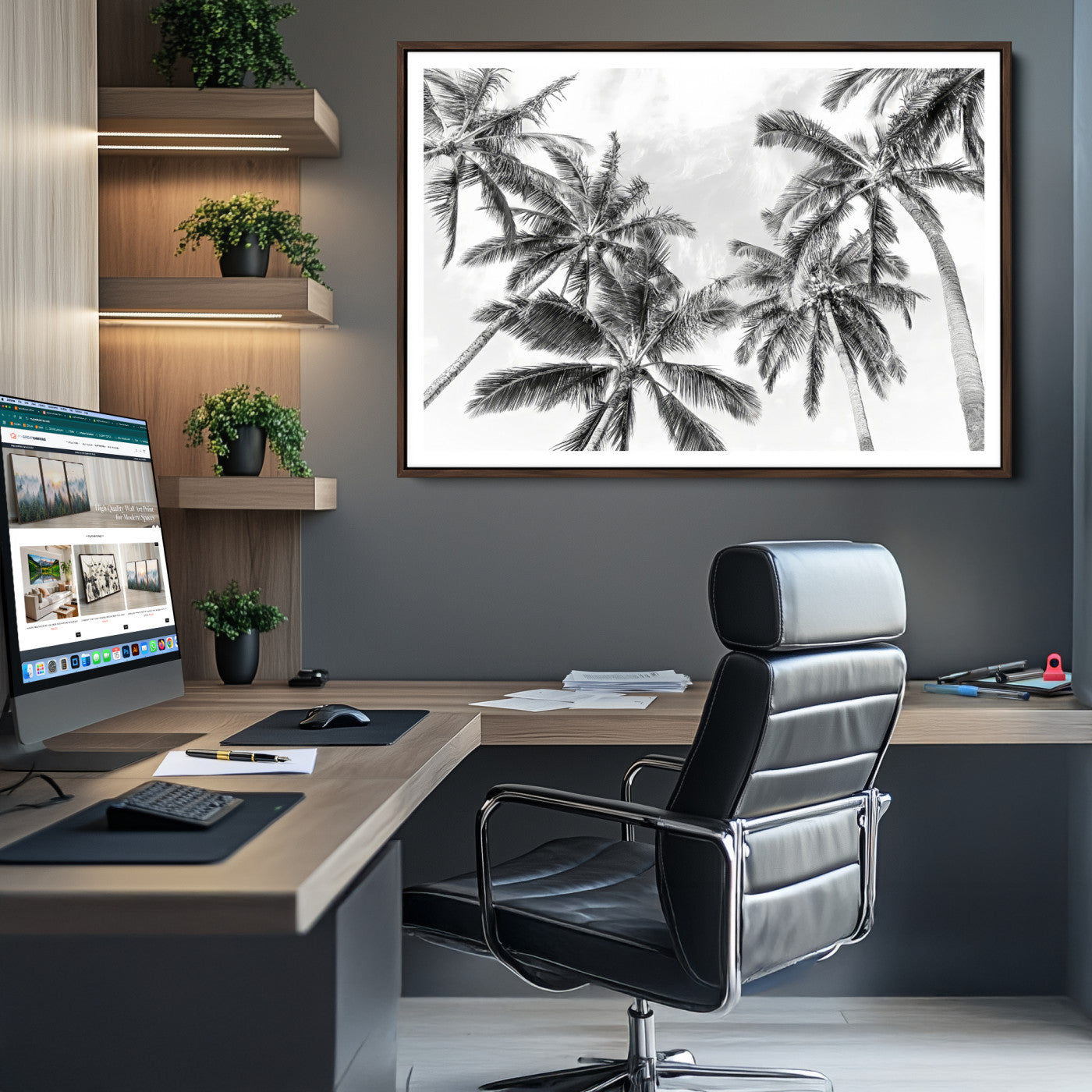 Framed Black White Palm Canvas Print, Framed Monochrome Tropics Art Picture Print, Minimalist Beach Perfect Coastal Minimalist Decor